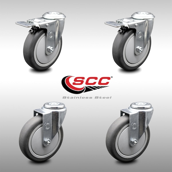 5 Inch SS Thermoplastic Rubber Bolt Hole Caster Set with 2 Total Lock Brake SCC